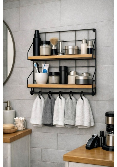 Miro 2 Katlı Metal Ahşap Duvar Rafı Anahtarlık Askılığı Antre, Banyo Ve Mutfak Organizeri