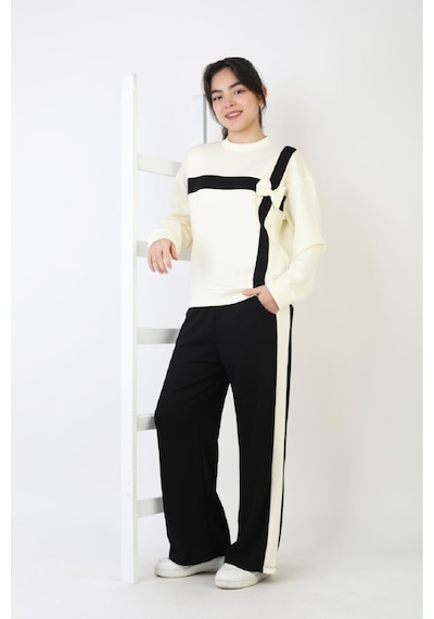 Modanino Kız Çocuk Takım - Double Face Kumaş-fiyonk Detaylı Ve Geniş Paçalı 12508 Siyah