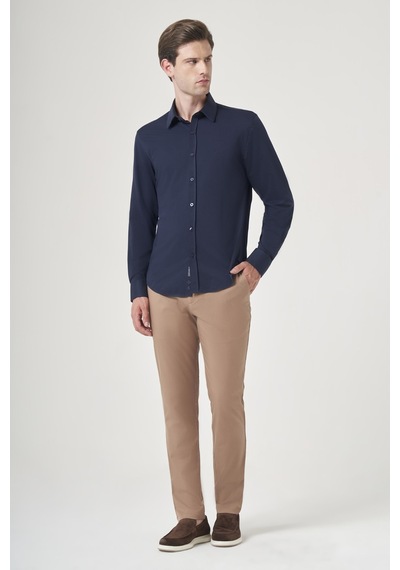 İmza Lacivert Tulum Yaka Uzun Kol Cepsiz Örme Slim Fit Pamuklu Gömlek 1004260208