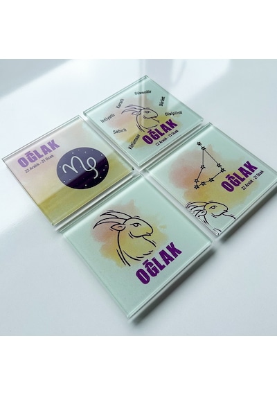 Decorita Cam Bardak Altlığı Burçlar - Oğlak Burcu 4'lü Takım Çok Renkli