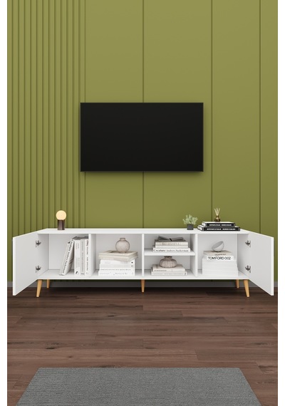 Asra Trend Tv Ünitesi T-09 %100 MDF 180 cm Tv Sehpası Dolaplı Raflı Beyaz