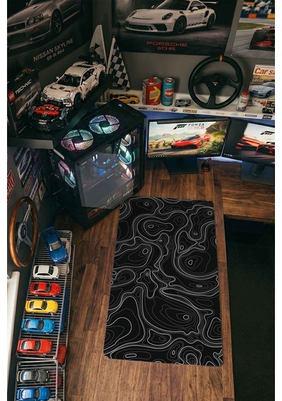 Siyah Beyaz Topografik Çizgiler 40x90 Cm Oyuncu Mousepad Kaymaz Taban Büyük Boy Mousepad