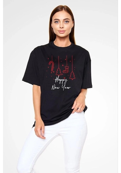 Freedom Storee Kadın Bisiklet Yaka Kısa Kol Baskılı Oversize T-shirt - Siyah Çok Renkli