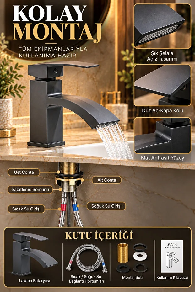Lavabo Bataryası Şelale Akışlı Antrasit Banyo Lavabo Musluğu Modern Armatür