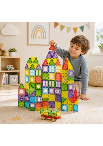 Vardem 100 Parça Manyetik Blok Oyuncak Seti, 7,5 Cm Renkli Manyetik Yapı Blokları, Kale Ve Şekil Oluşturma Oyuncağ
