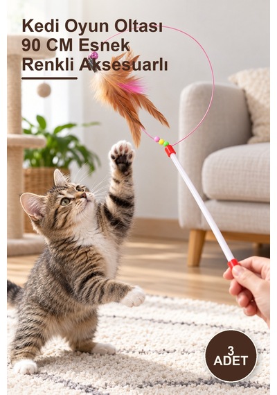 3 Adet Kedi Oyun Oltası 90 Cm Esnek Renkli Aksesuarlı
