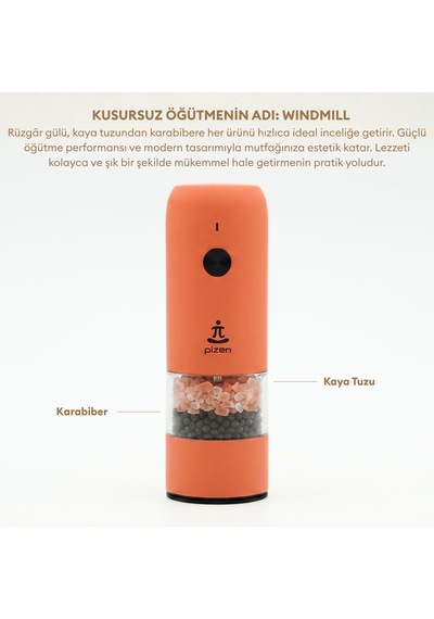 Pizen Windmill Usb Şarjlı Otomatik Baharat Öğütücü Led Işıklı Ayarlanabilir Tuz Karabiber Değirmeni Turuncu