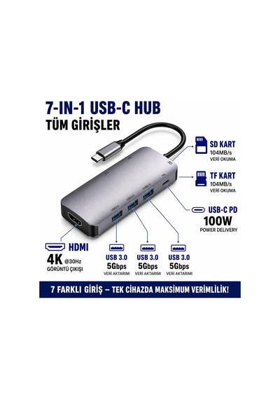 Hp-b17 7-in-1 Type-c Usb-c Hub Hdmı + 3x Usb 3.0 + Sd/tf Kart Okuyucu + Type-c Pd Girişli Adaptör