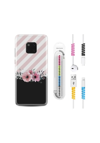 Huawei Mate 20 Pro Kılıf Kablo Koruyuculu Strip Pink Flowers 1396
