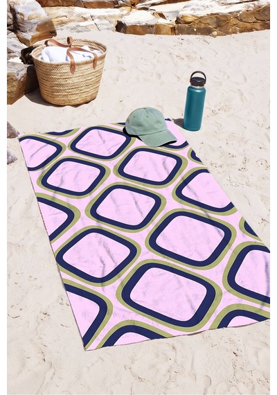 Geometrik Retro Modern Plaj Havlusu - Pembe Lacivert Bohem Akdeniz Hızlı Kuruyan Mikrofiber Havlu Ayaz Deniz