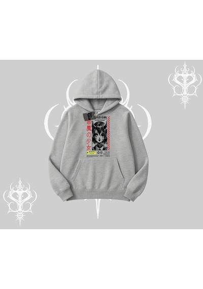 Startmore Kapşonlu Sweatshirt Anime Devils Girl Japanese Style Baskılı Gri