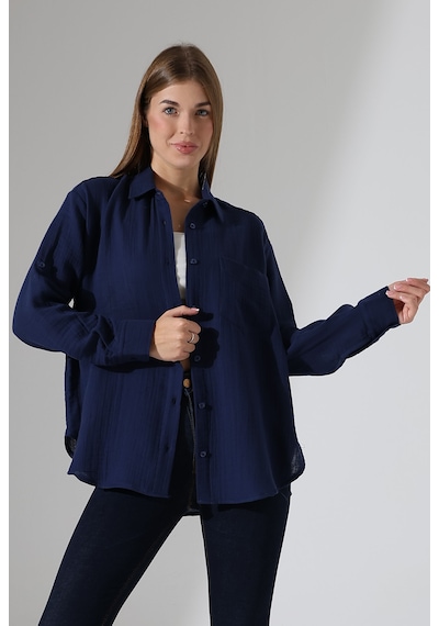 Oversize Basic Müslin Gömlek Lacivert