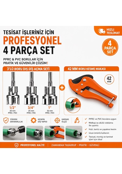 Pprc & Pvc Plastik Boru Diş Açma Seti + 42 Mm Plastik Boru Kesme Makası 4 Parça Profesyonel Tesisat Seti