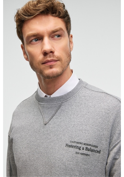 Grımelange CASPIAN Erkek %100 Pamuk Bisiklet Yaka Karyoka Dikişli Baskılı Antrasit Sweatshirt