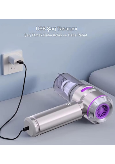El Tipi Elektrikli Süpürge 100w Güçlü Motor Usb Şarjlı Araç Ev Koltuk Tüy Temizleyici