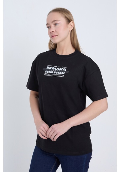 Velvoria Unisex Oversize Relaxed Moving Baskılı Siyah Renk T-shirt