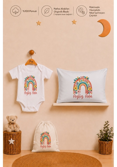 Pia Baby İsme Özel Kız Bebek Hediyesi %100 Pamuk Organik Baskılı Body Yastık Kılıfı Ve Ham Bez Kıyafet Kesesi 1023byk0x Ekru