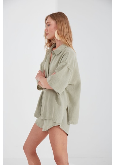 Manche Müslin Kadın Oversize Gömlek Olive Mks166965-01