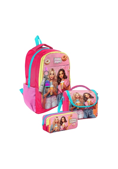 Coral High Üç Bölmeli Kız Çocuk, Pembe Kırmızı Fashion Girl, İlkokul Ve Ortaokul Üçlü Okul Çanta Seti Çok Renkli
