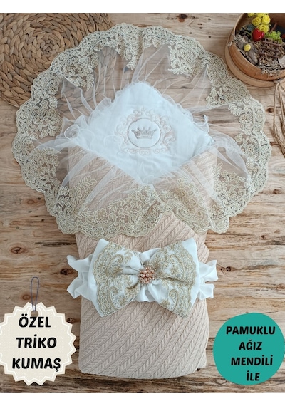 Triko Örg Haki Bebek Kundağı Unisex Bebek Dış Kundak Battaniyesi Hastane Çıkışı Kundak Battaniye Sütlü Kahve