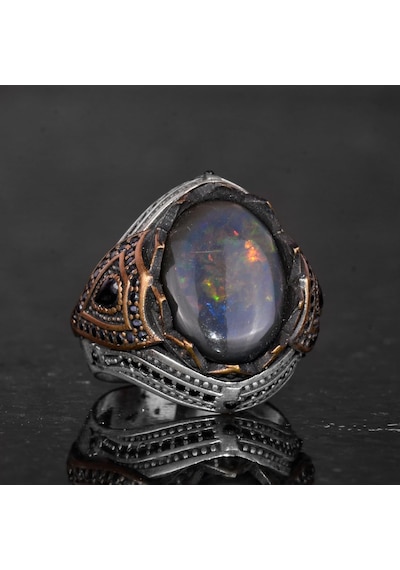 925 Ayar Gümüş Erkek Yüzük - Doğal Opal - Bronz Kaplama Detaylar - El Yapımı Dikkat Çekici Parça Gümüş