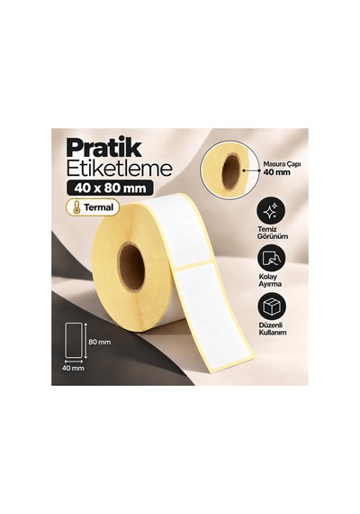 40x80 Mm Rulo Termal Ribonsuz Barkod Etiketi 40 Mm Masura 1000'li Sarım
