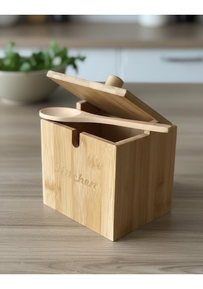 Kaşıklı Bambu Kapaklı Tuzluk Şekerlik - Dekoratif Mutfak Düzenleyici Tuz Kabı Baharatlık Kutusu 12cm Bambu