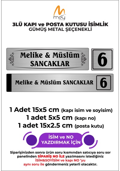 Gümüş Metal Kapı Isimliği Seti 3'lü - Kapı İsimliği Kapı Numarası