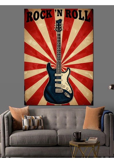 Ahşap Tablo Kırmızı Beyaz Retro Fonlu Roc'n Roll Gitarı