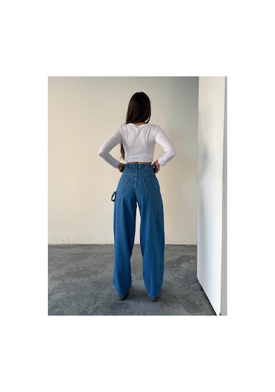Blue Marlın Yan Kemer Mavi Tokalı Kargo Cep Detaylı Baggy Jeans Mavi
