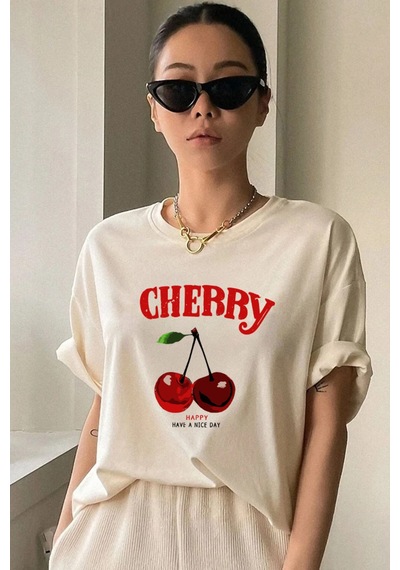 Uyguntarz Unisex Happy Cherry Tasarım Basklı Tshirt Bej