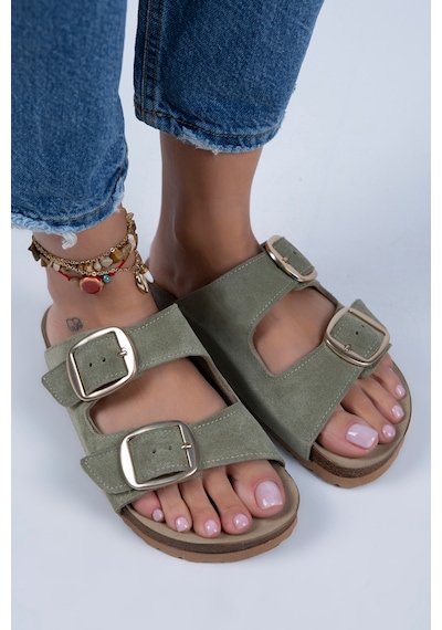 Manijero Irene Kadın Hakiki Deri Çift Tokalı Su Yeşili - Gold Terlik