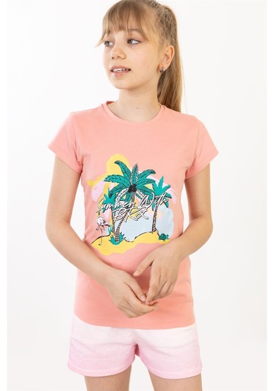 Brz Kids Palmiye Baskılı Kız Çocuk T-shirt-somon Somon