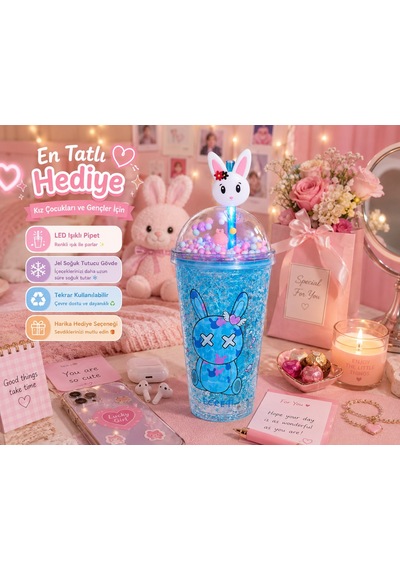 Çift Katmanlı İçecek Bardağı Led Işıklı Pipetli Kawaii Chibi Sevimli Tavşan Figürlü Suluk 450ml Mavi