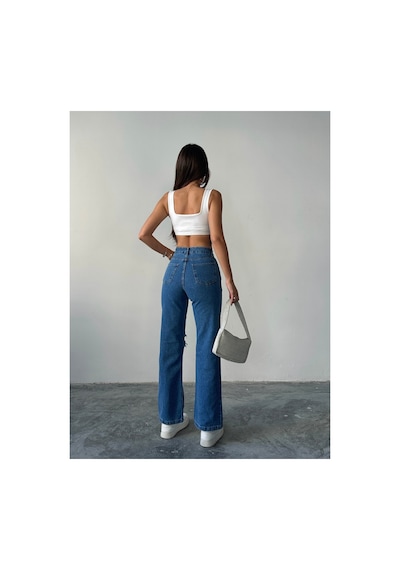 Blue Marlın Kadın Lazer Yırtık İşlemli Boyfriend Kot Bol Paça Pantolon Çok Renkli