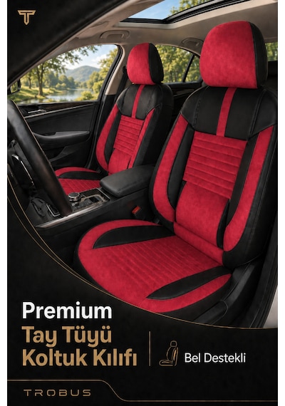 Renault Megane E-tech 2022+ Uyumlu Apex Serisi Tay Tüyü Bel Destekli Kırmızı Siyah Koltuk Kılıfı