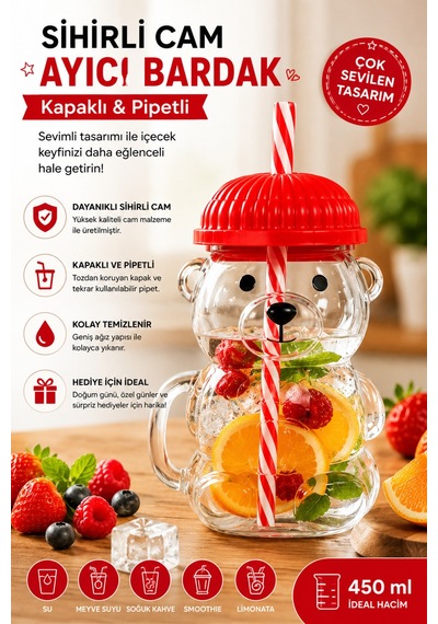 Ayıcık Bardak 450 Ml Kapaklı Pipetli Cam Kupa Ayı Figürlü İçecek Bardağı Kırmızı