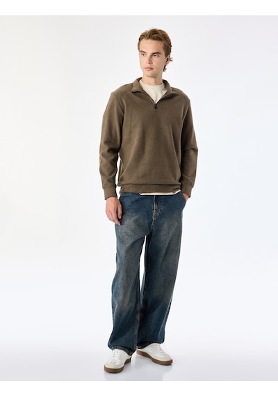 Koton Regular Fit Uzun Kollu Yarım Fermuarlı Sweatshirt Haki 7wam70012mk