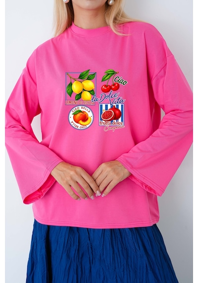 Medinenur Meyve Baskılı Geniş Kollu Tesettüre Uygun Body Pembe