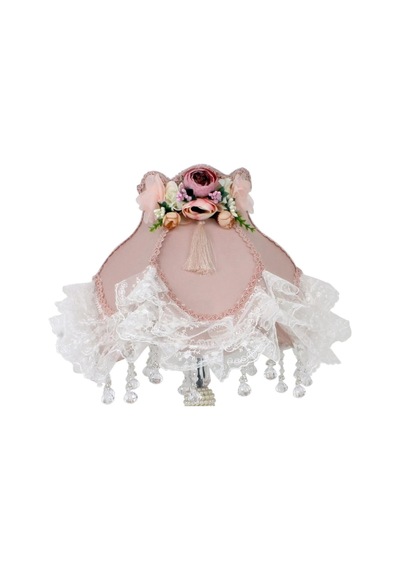 Pudra Pembe Beyaz Dantelli Çiçekli İnci Ayaklı Klasik Vintage Abajur 55x30 Cm