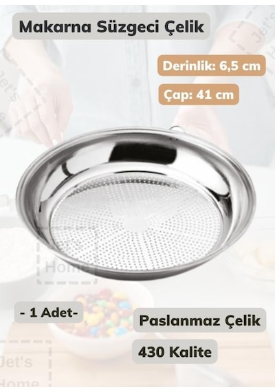 Makarna Süzgeci 41 Cm Paslanmaz Çelik Süzgeç İnce Metalik Gri