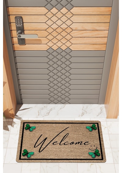 Rugmood Modern Dijtal Baskı Kahverengi Yeşil Kelebekli Welcome Kapı Önü Paspası Çok Renkli
