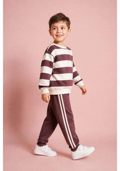 Eray Alp Kids Unisex Çocuk Çizgi Detaylı Şardonsuz Alt Üst Takım Kahverengi