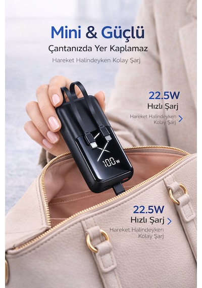 22.5w Hızlı Şarj Mini Powerbank 10000mah Dahili Lightning & Type-c Kablolu Taşınabilir Şarj Cihazı, Dijital Göstergeli, Kompakt Premium Tasarım Gri - Siyah 22.5w Hızlı Şarj Mini Powerbank 10000mah Dahili Lightning & Type-c Kablolu Taşınabilir Şarj Cihazı, Dijital Göstergeli, Kompakt Premium Tasarım Gri - Siyah