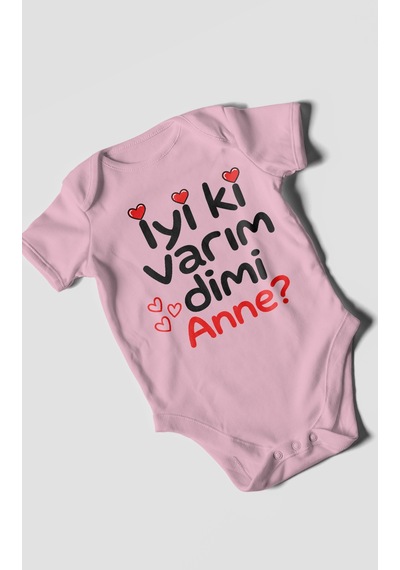 Morivokids İyi Ki Varım Dimi Anne Kısa Kollu Bebek Body %100 Pamuk Koyu Pembe