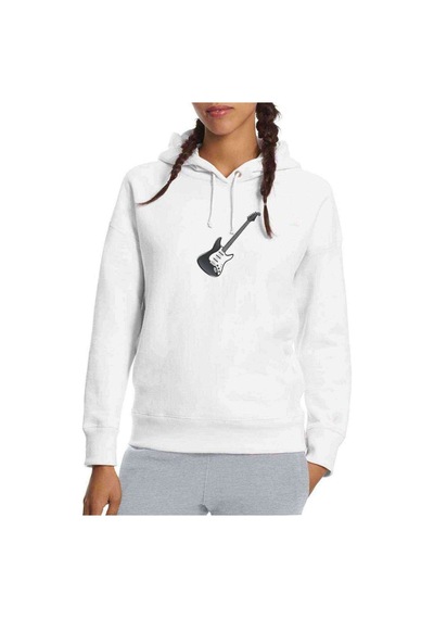 Gitar Baskılı Beyaz Kadın Kapşonlu Sweatshirt