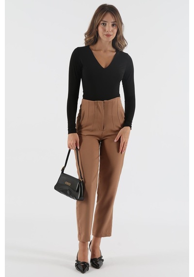Dokuma Camel Yüksek Bel Kadın Kumaş Pantolon Sh192 S