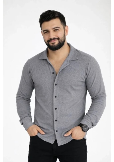 Etiler Collection Erkek Waffle Kumaş Uzun Kollu Düğmeli Açık Yaka Regular Fit Gömlek - Füme