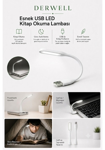 Esnek Usb Led Kitap Okuma Lambası Taşınabilir Mini Masa Üstü Gece Lambası Laptop Bilgisayar Uyumlu Bükülebilir Göz Yormayan Aydınlatma Işığı Şarjlı Powerbank U