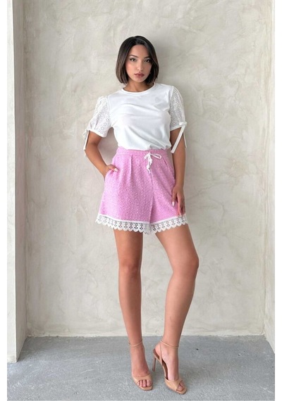 Verymoda Güpür Detalı Pullu Kot Şort D2866 Pembe